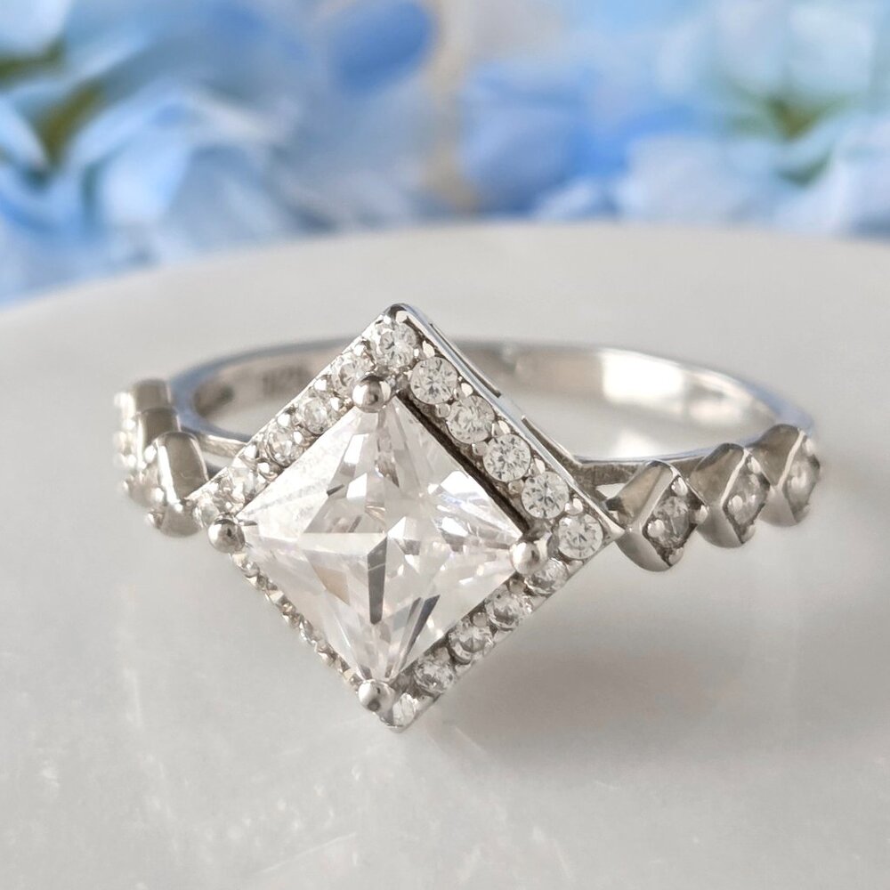 Vintage Princess Cut CZ Ring, 925 Sterling Silver